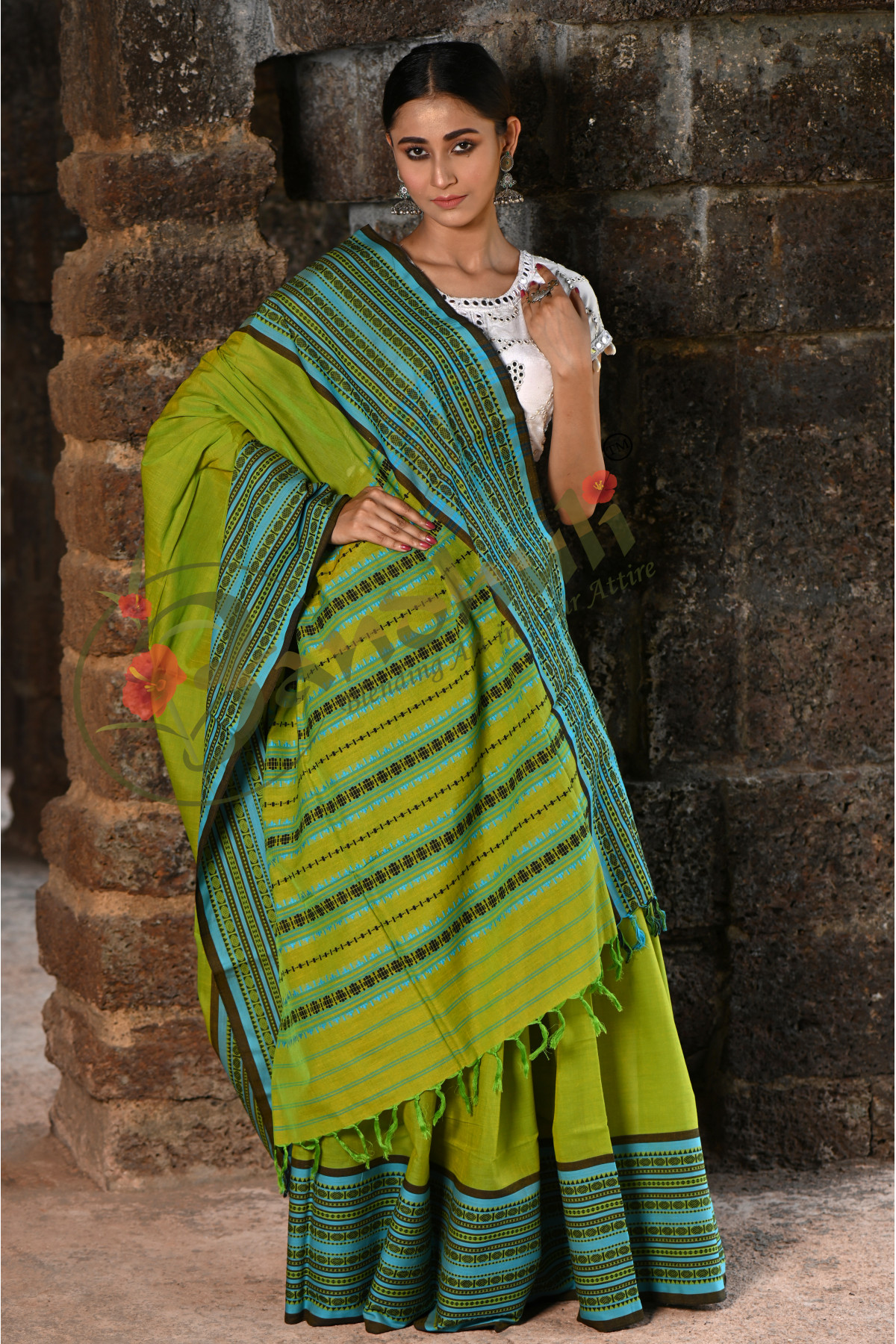 Yellow and Green Mercerized Begumpuri cotton Saree